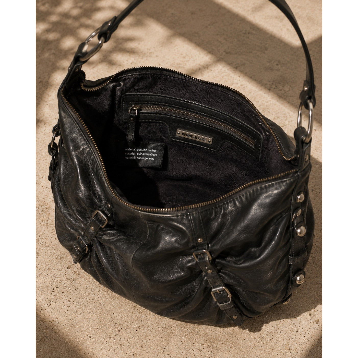 Kenneth Cole Reaction Leather Studded Hobo Bag Black Large