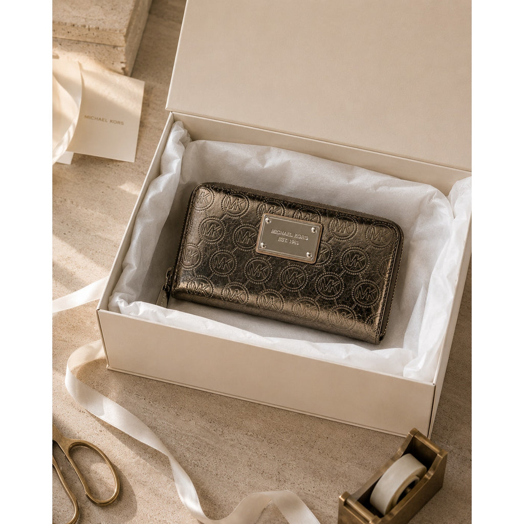 Michael Kors Metallic Zip Around Wallet Bronze MK Logo
