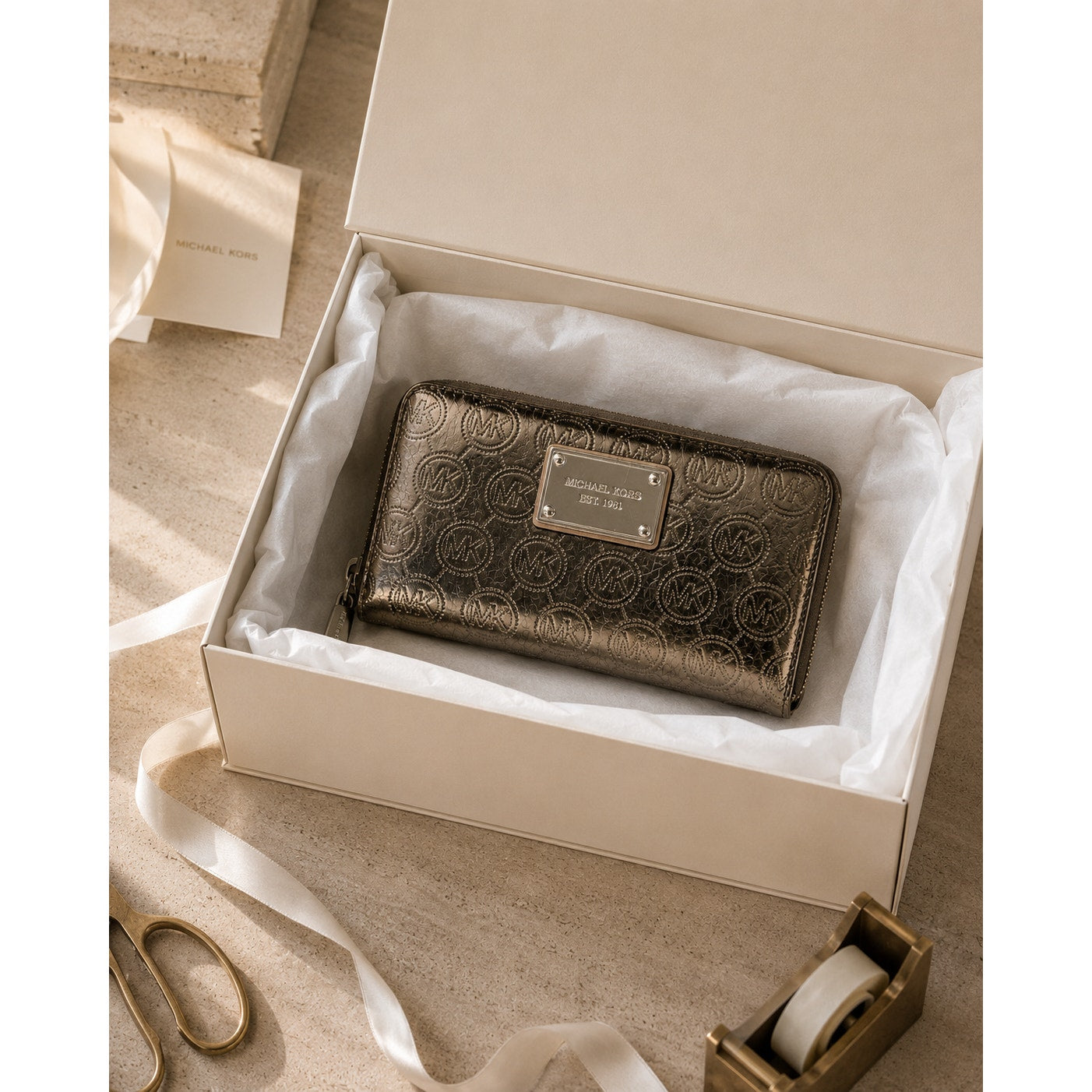 Michael Kors Metallic Zip Around Wallet Bronze MK Logo