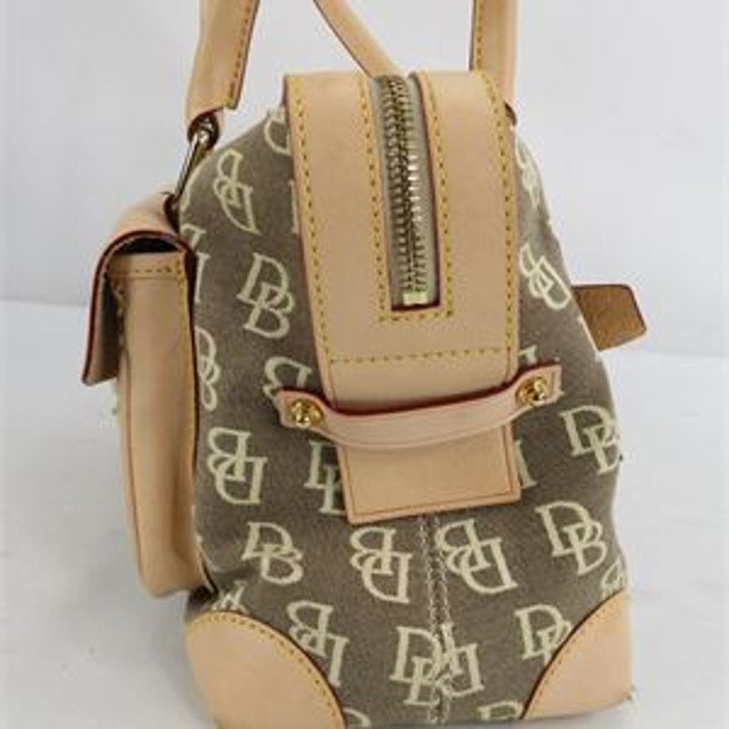 Dooney & Bourke Signature DB Monogram Pocket Satchel Tan Brown Leather Trim