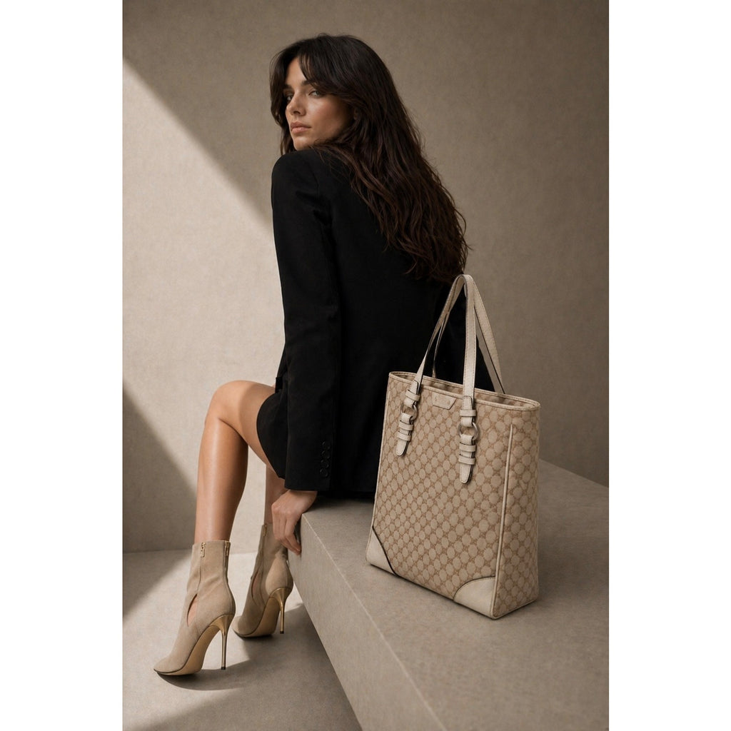 Celine Vintage Canvas Top Handle Tote Bag Brown Tan Logo Print