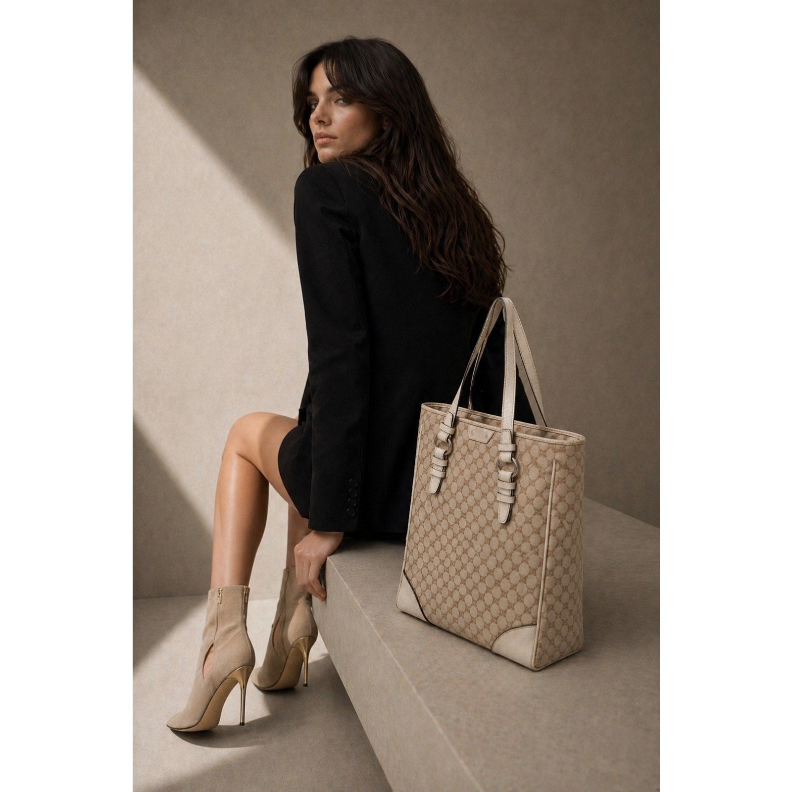 Celine Vintage Canvas Top Handle Tote Bag Brown Tan Logo Print