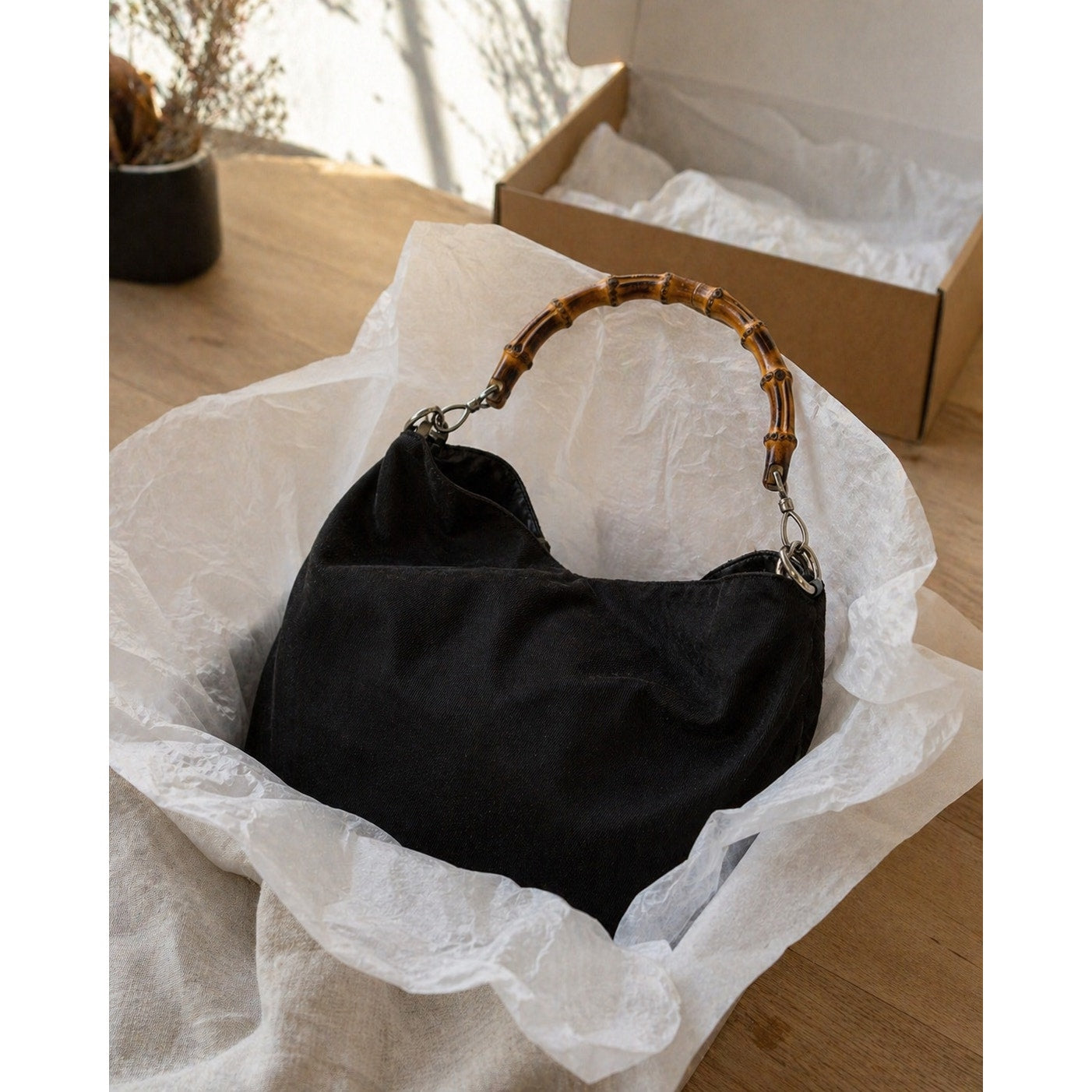 Gucci Black Nylon Bamboo Top Handle Bag Logo Jacquard Lining