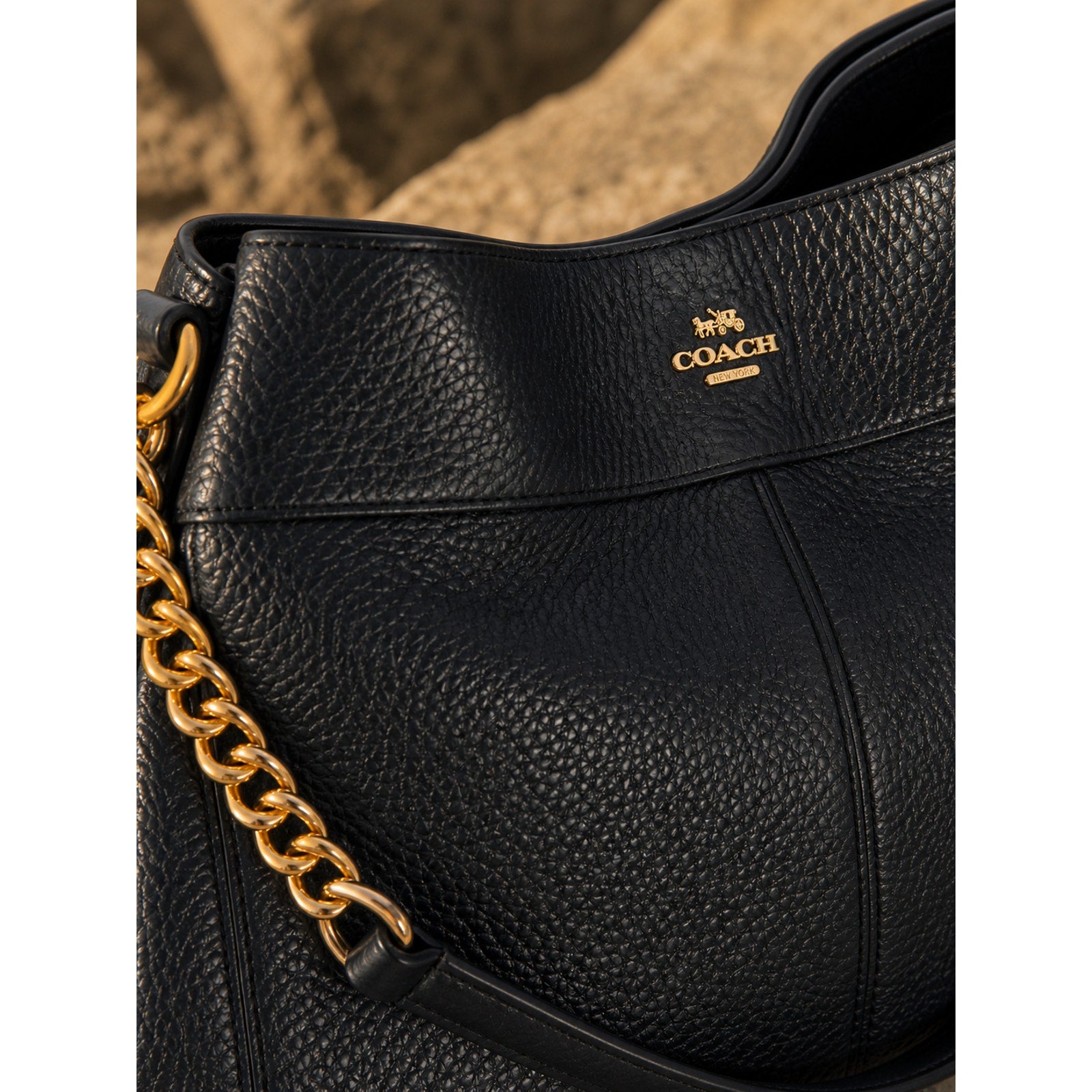 Coach Lexy Black Pebbled Leather Chain Shoulder Bag Gold Hardware Purse