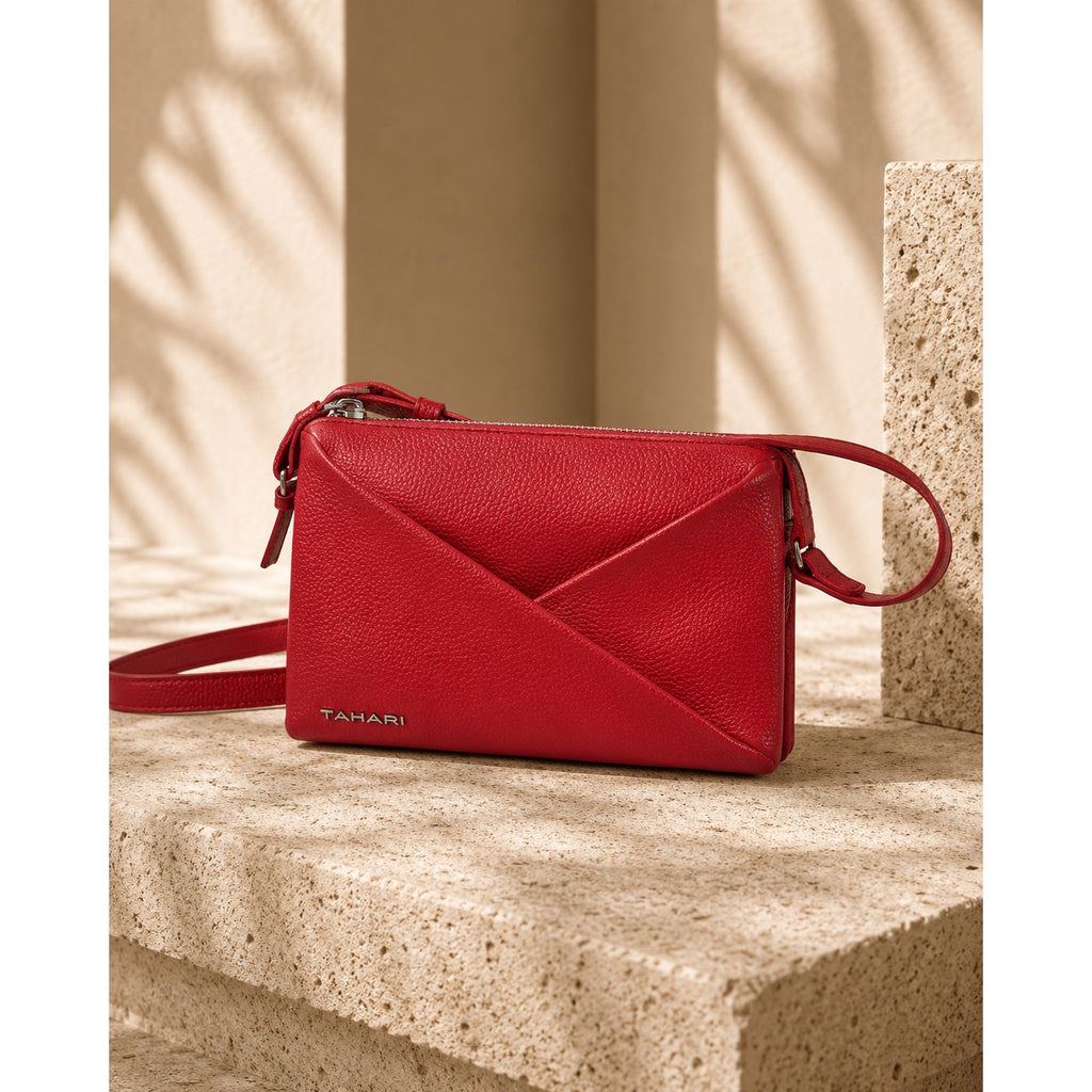 Tahari Red Triple Compartment Crossbody Bag Adjustable Strap