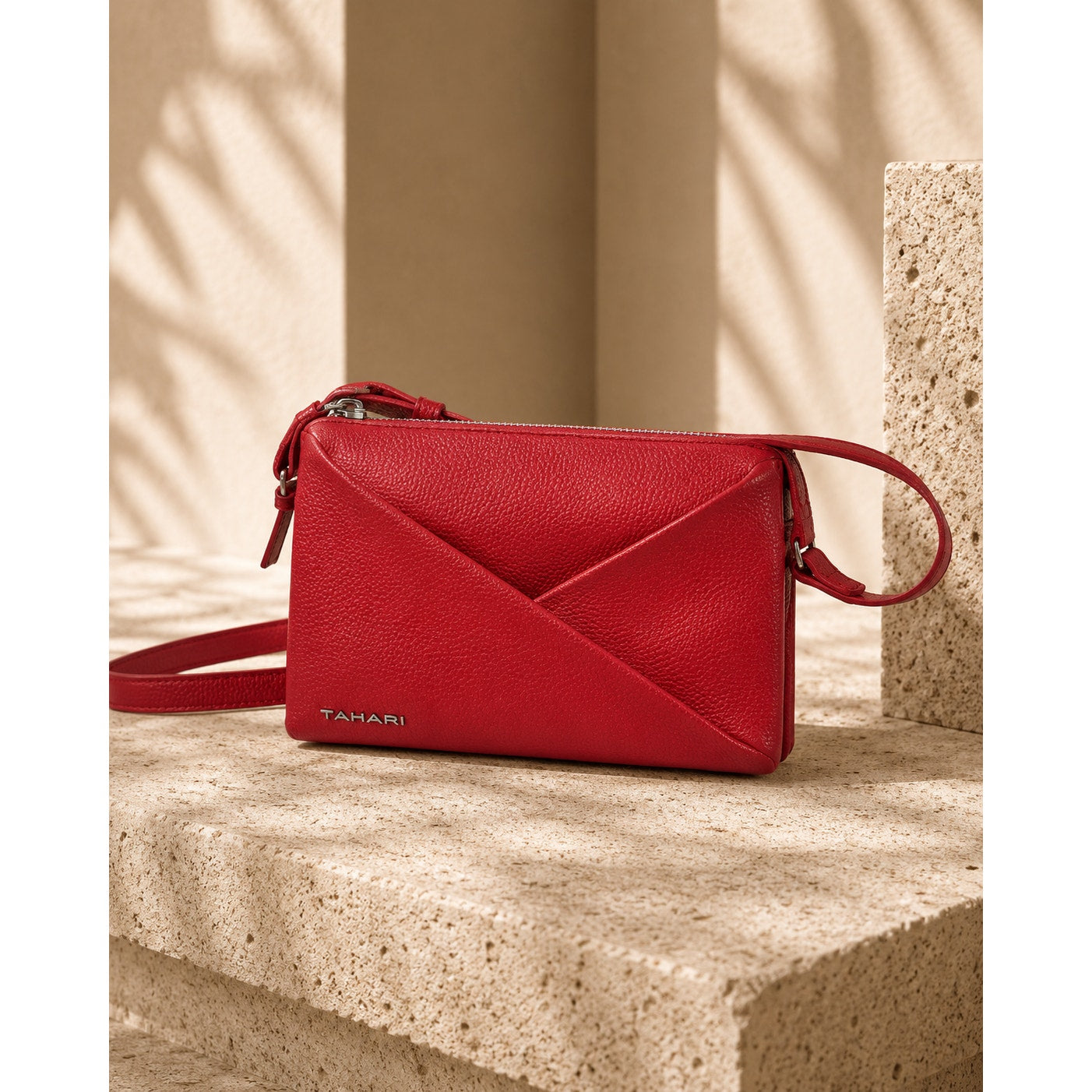 Tahari Red Triple Compartment Crossbody Bag Adjustable Strap
