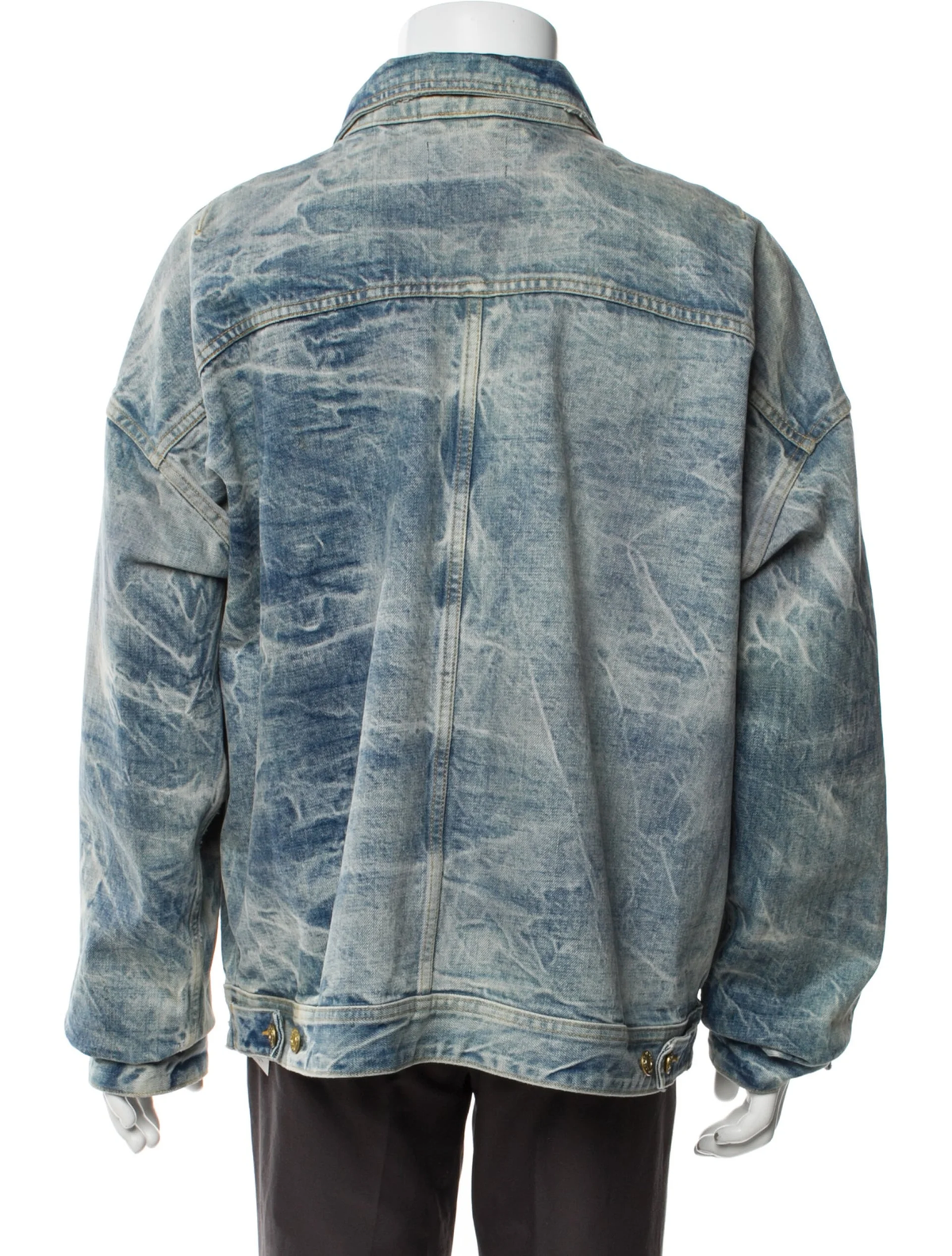 Fear of God distressed blue denim jacket back view