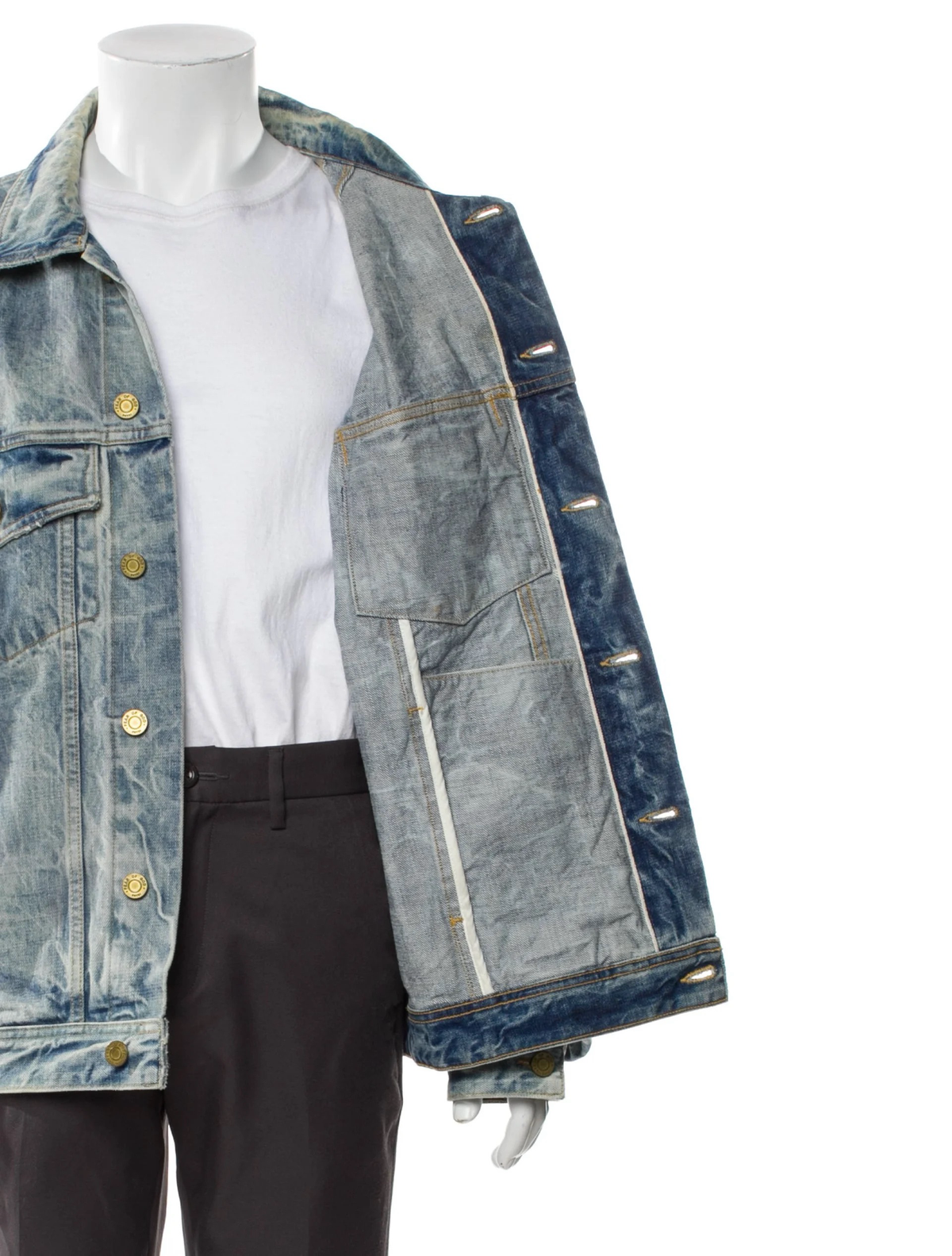 Fear of God distressed blue denim jacket open front view
