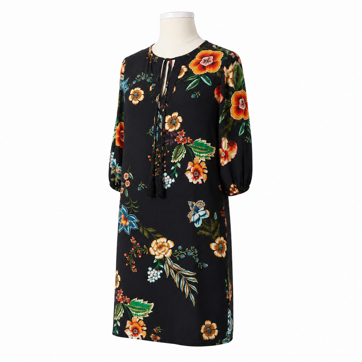 Johnny Was Zora black multicolor floral mini dress angled front