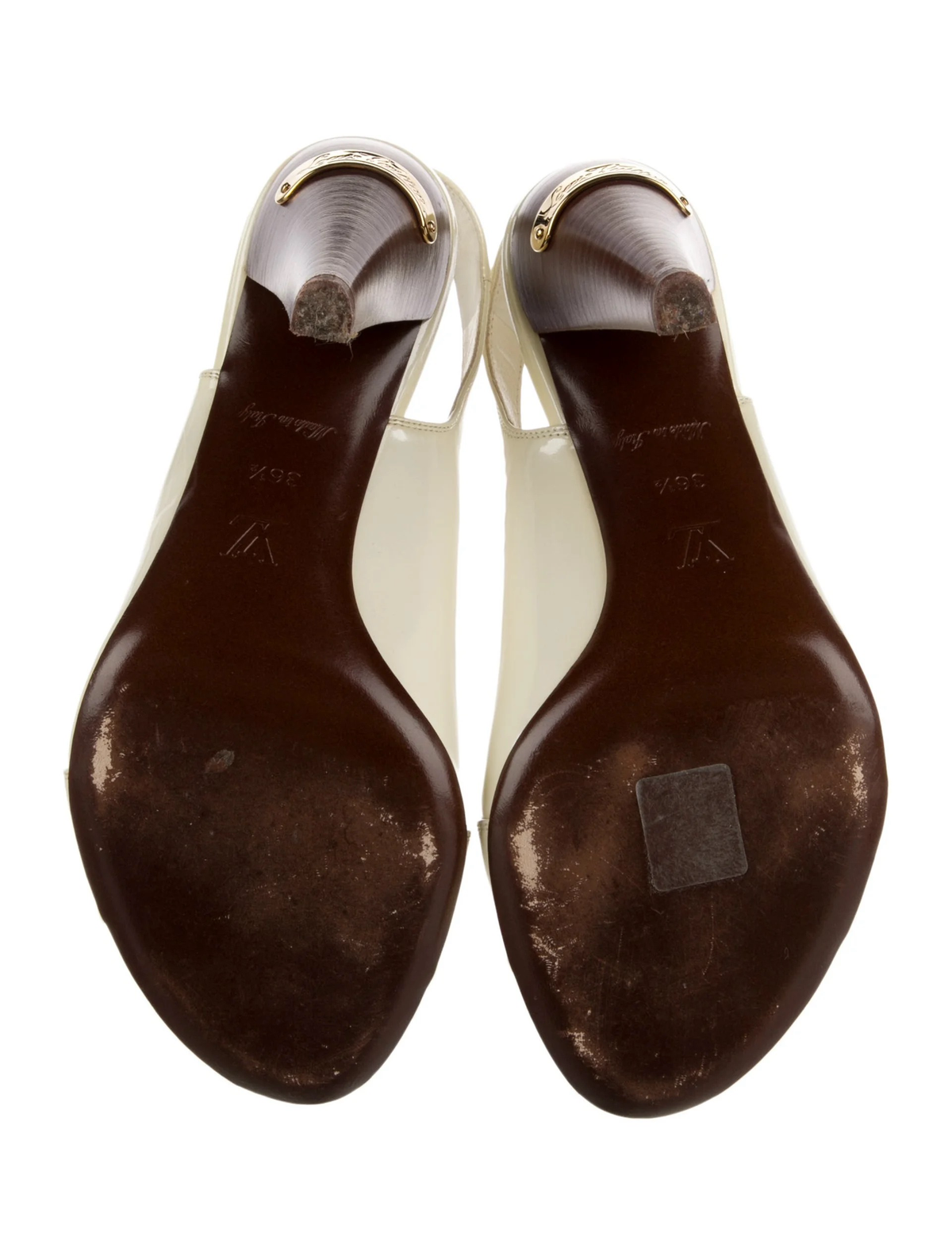 Louis Vuitton ivory patent leather slingback sandals outsole view