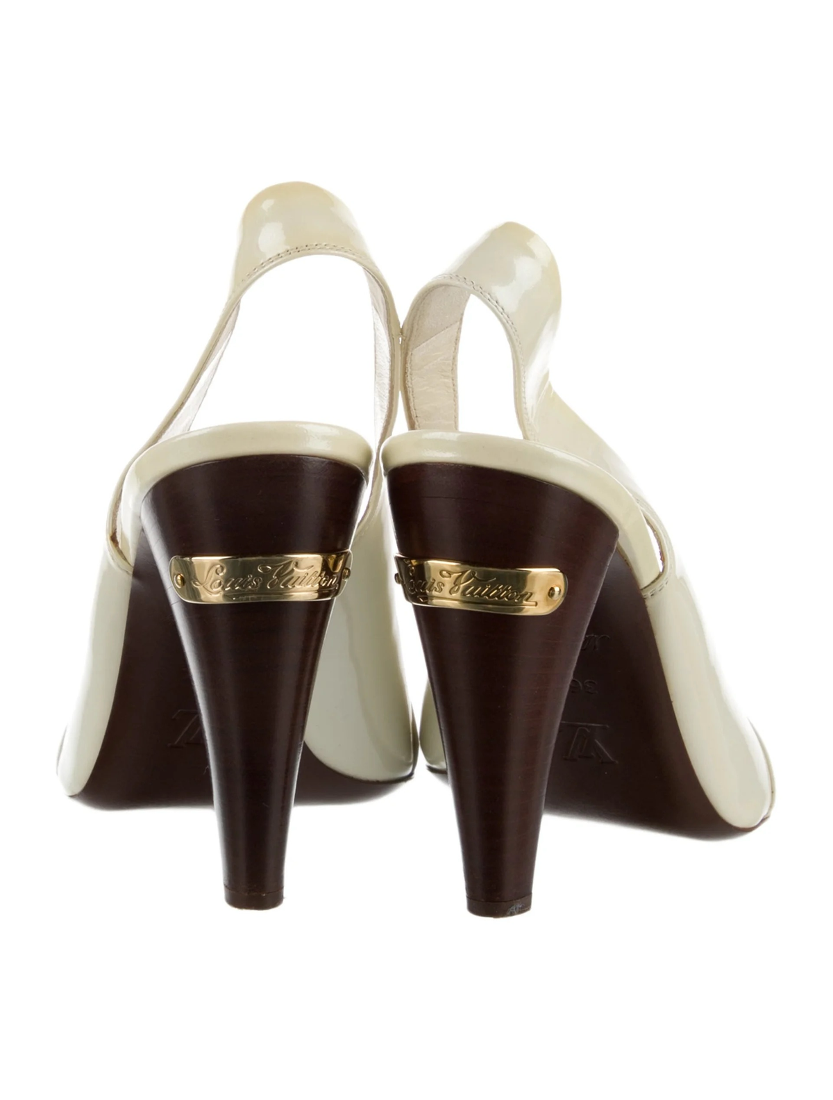 Louis Vuitton ivory patent leather slingback sandals rear view